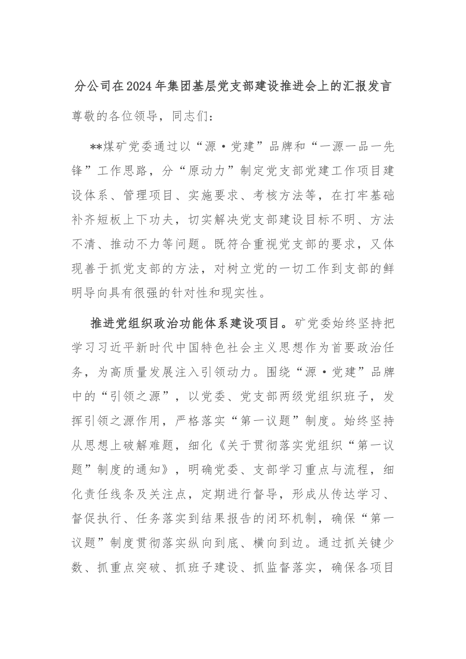 分公司在2024年集团基层党支部建设推进会上的汇报发言_第1页