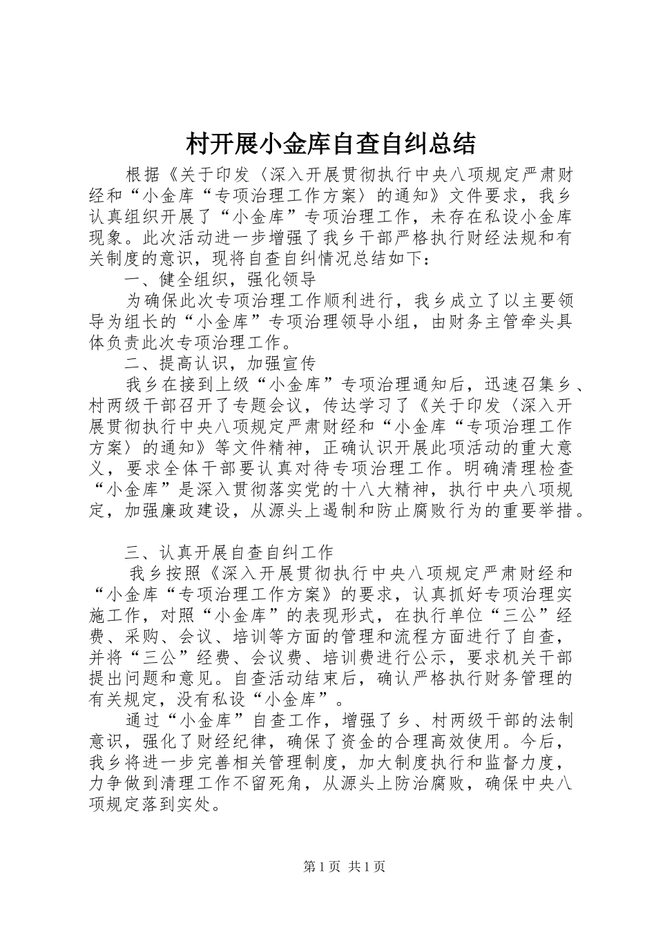 村开展小金库自查自纠总结_第1页