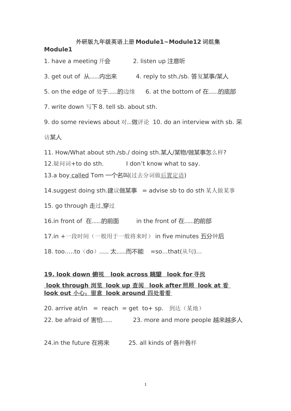 外研版九年级英语上册重点词组_第1页