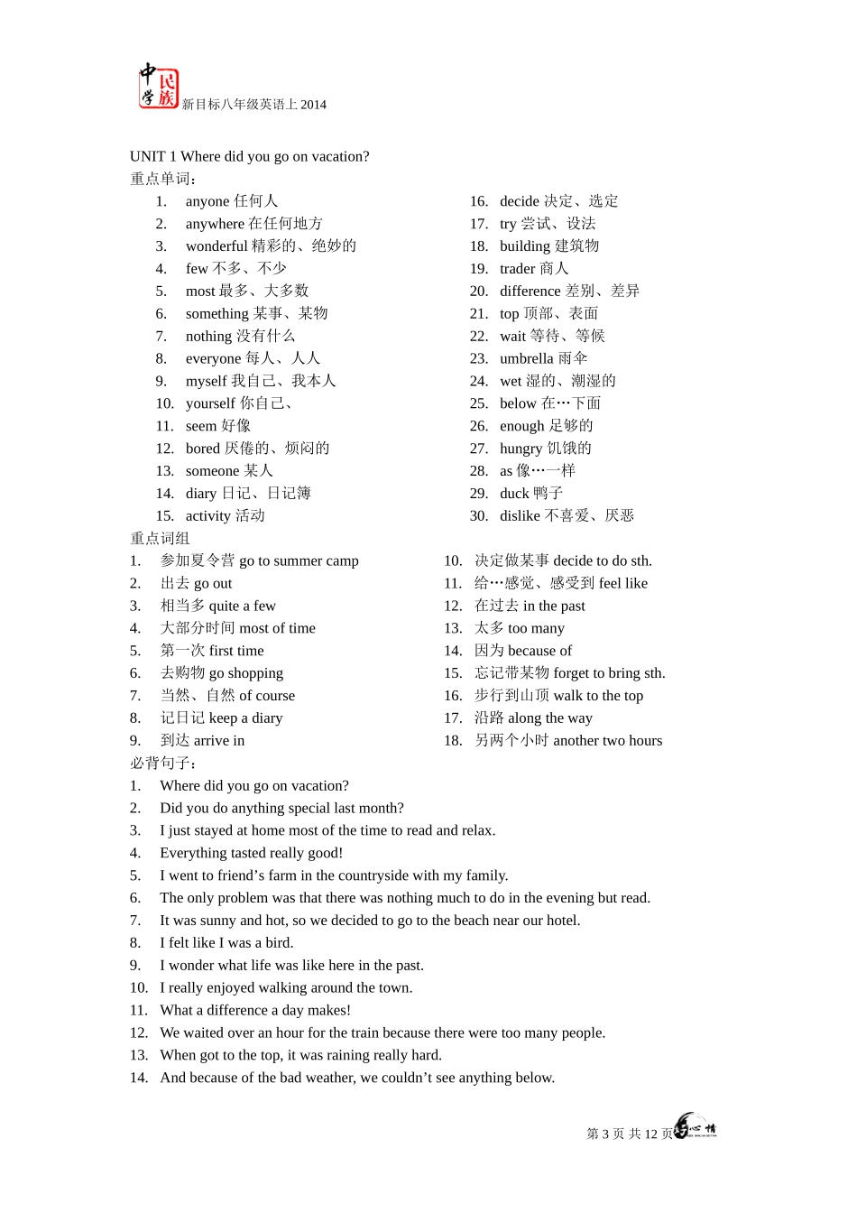 2014年新目标八年级上英语重点词汇、短语和句子_第3页
