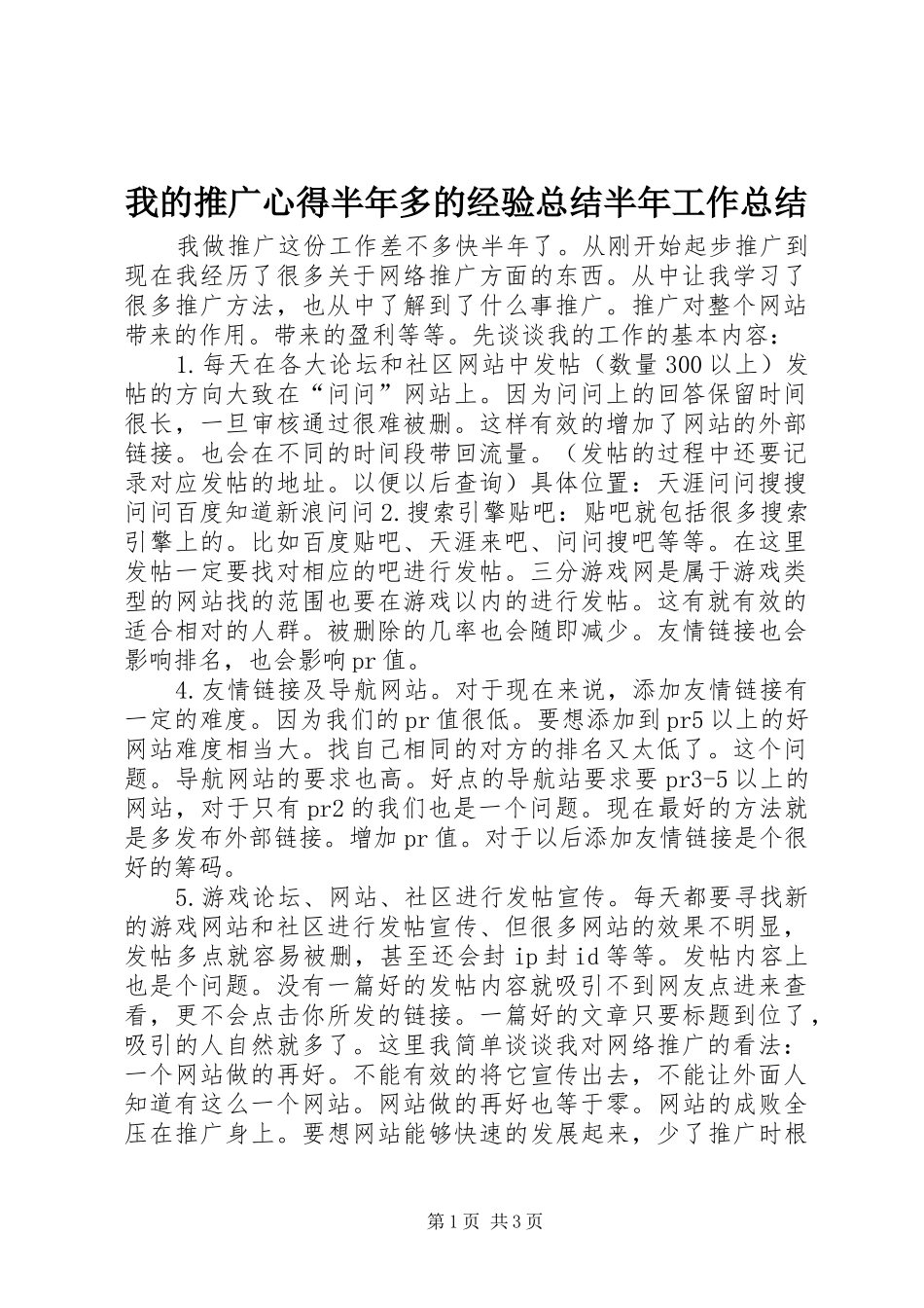 我的推广心得半年多的经验总结半年工作总结_1_第1页