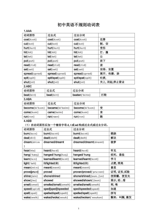 初中英语不规则动词表
