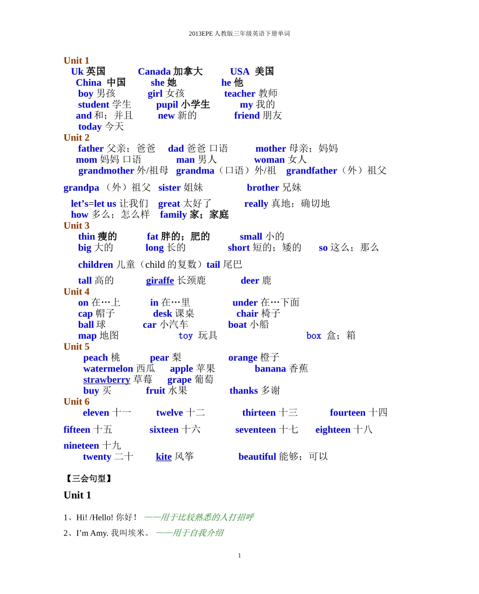 整理后2013新版人教版pep小学英语三年级下册期末总复习知识点归纳_第1页