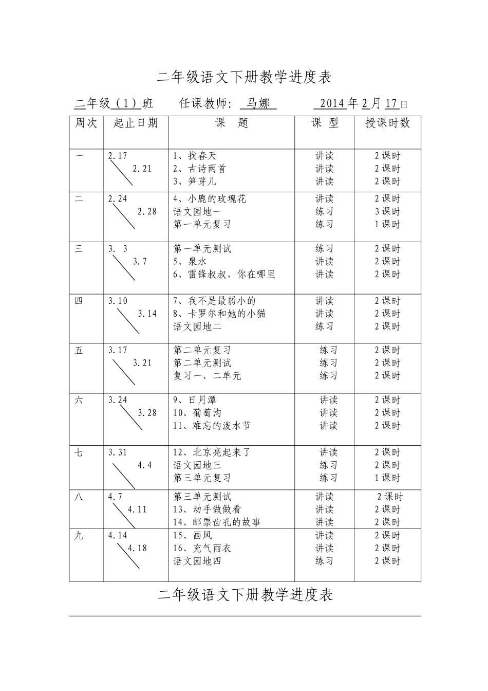 二年级下语文进度表_第1页
