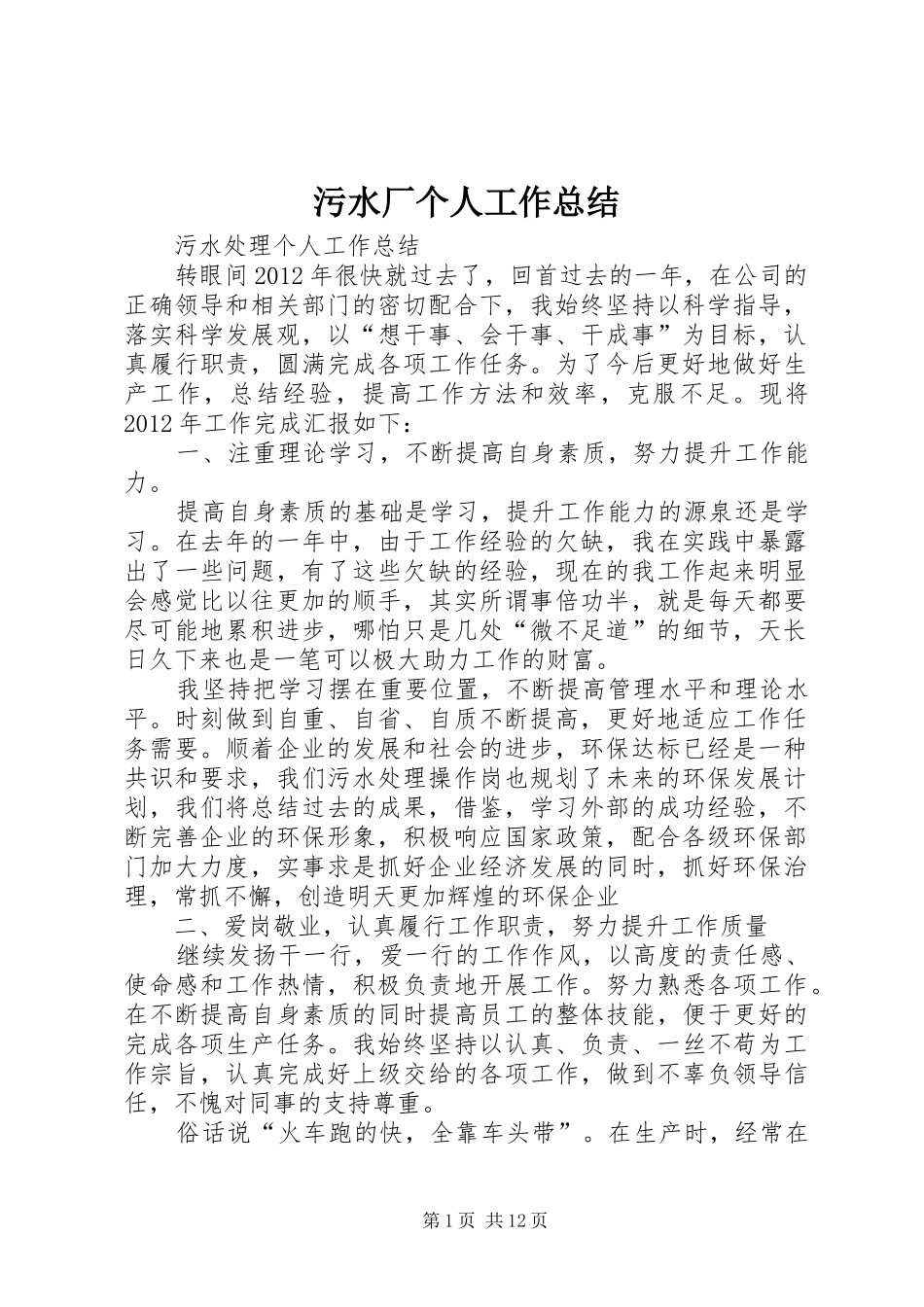 污水厂个人工作总结_第1页