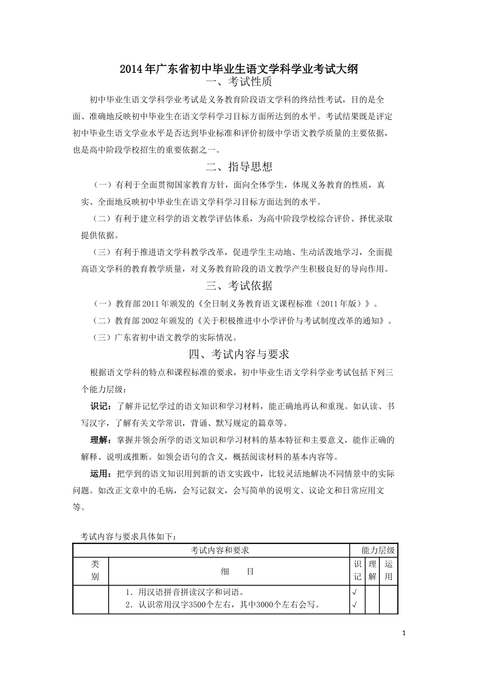 2014年广东省初中毕业生语文学科学业考试大纲_第1页