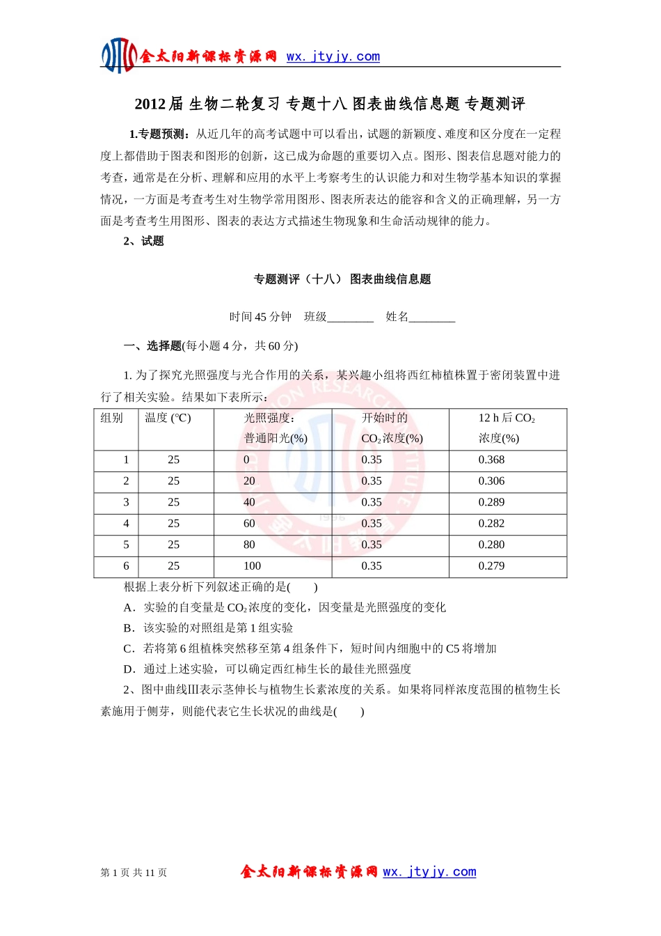 生物二轮复习专题十八图表曲线信息题专题测评_第1页