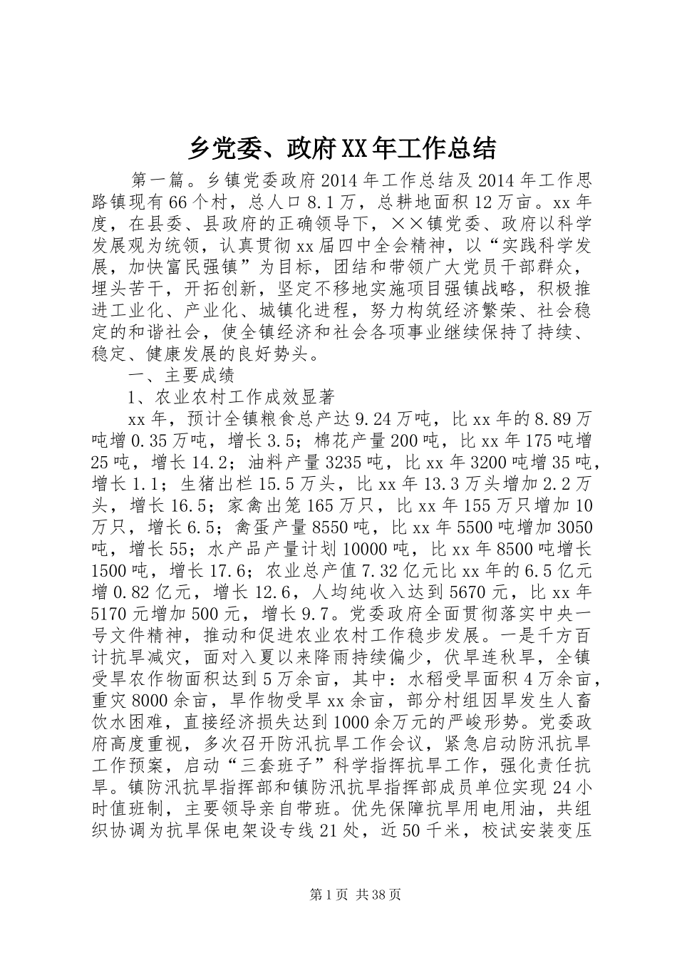 乡党委、政府XX年工作总结_第1页