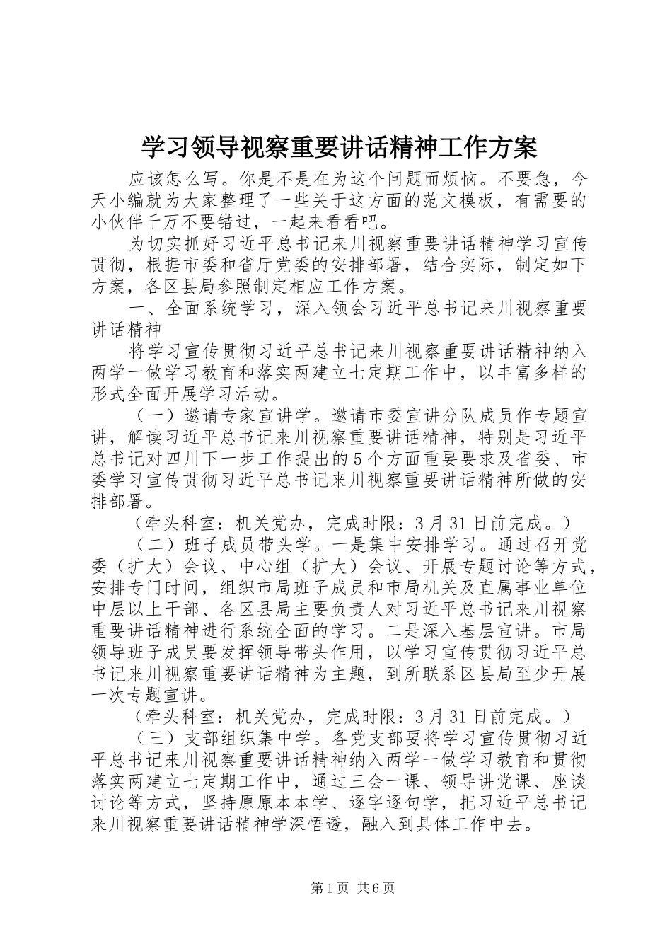 学习领导视察重要讲话精神工作方案_第1页