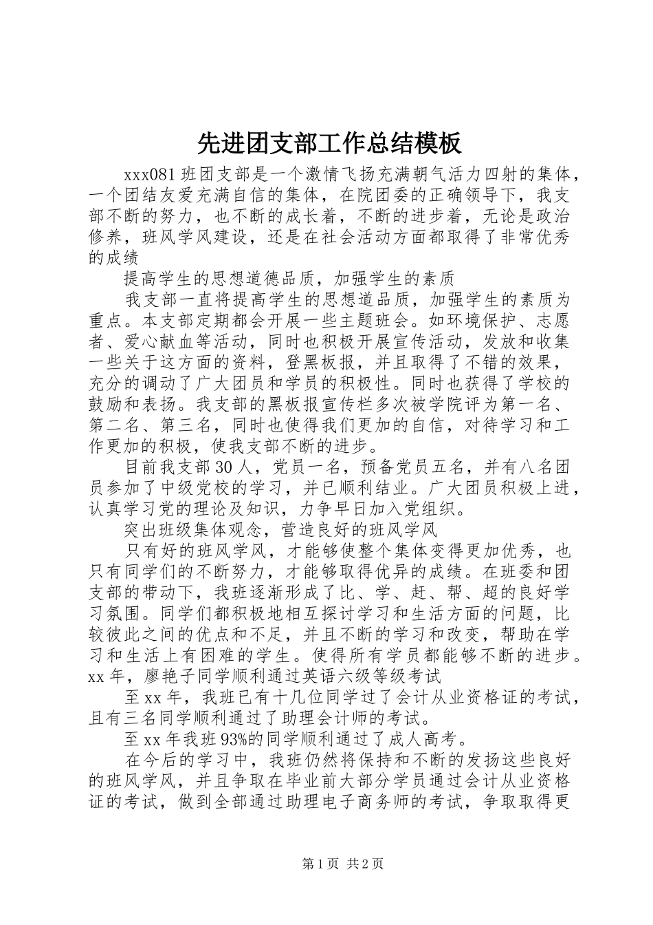 先进团支部工作总结模板_第1页