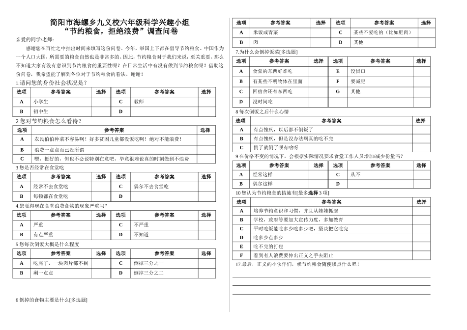 节约粮食调查问卷111_第1页