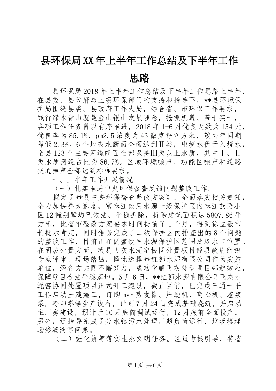 县环保局XX年上半年工作总结及下半年工作思路_第1页