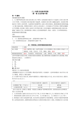 八上地理课后活动题答案