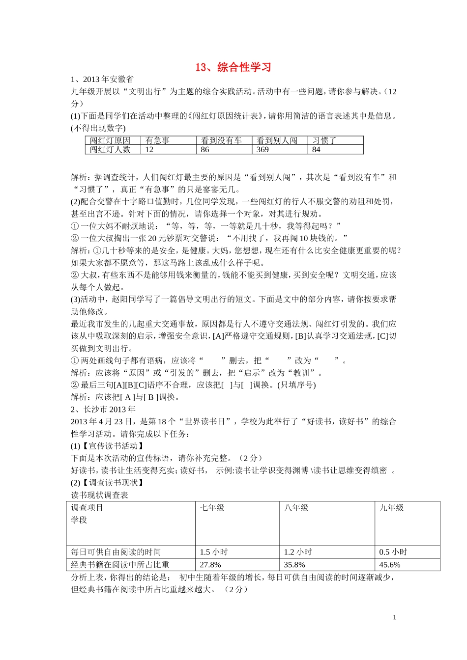 (全国各地80套)2013年最新中考语文试题分类汇编_综合性学习_第1页