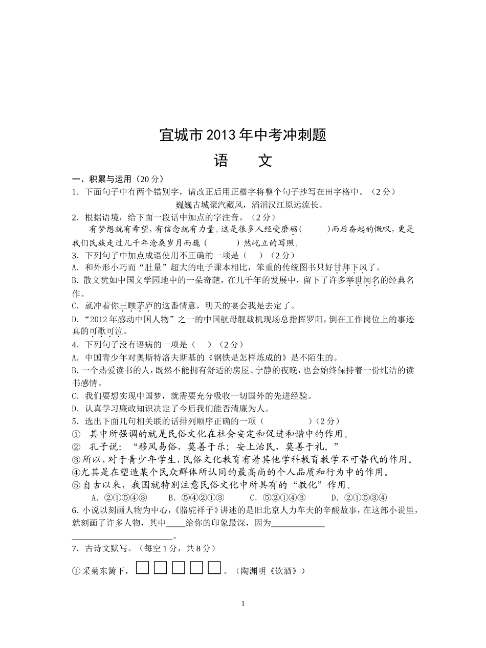 宜城市2013年中考冲刺题语文_第1页