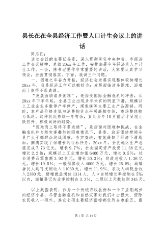 县长在在全县经济工作暨人口计生会议上的讲话
