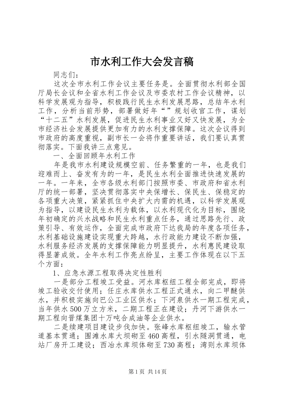 市水利工作大会发言稿_第1页