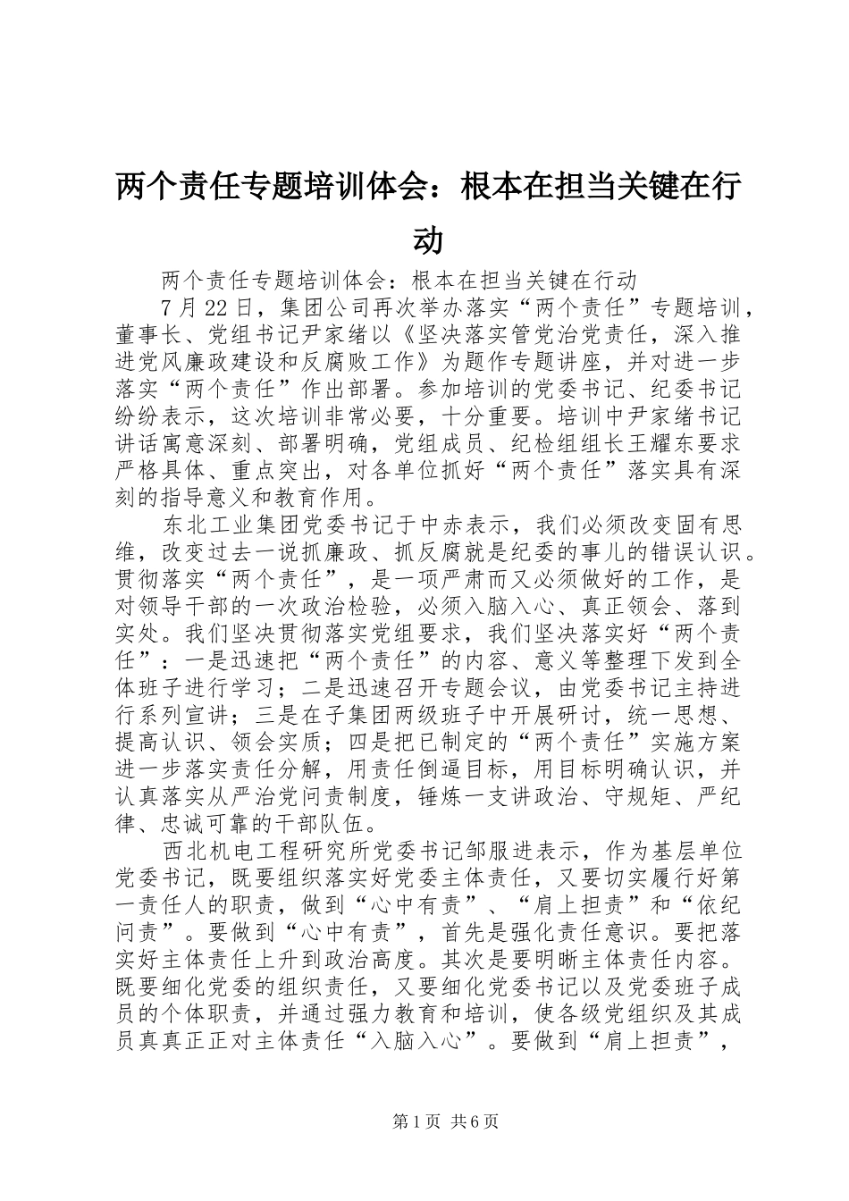 两个责任专题培训体会：根本在担当关键在行动_第1页
