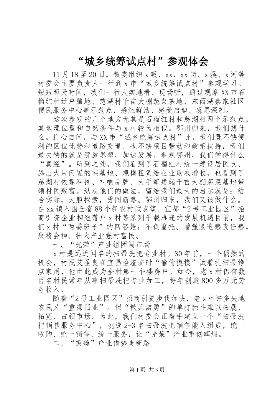 “城乡统筹试点村”参观体会_第1页