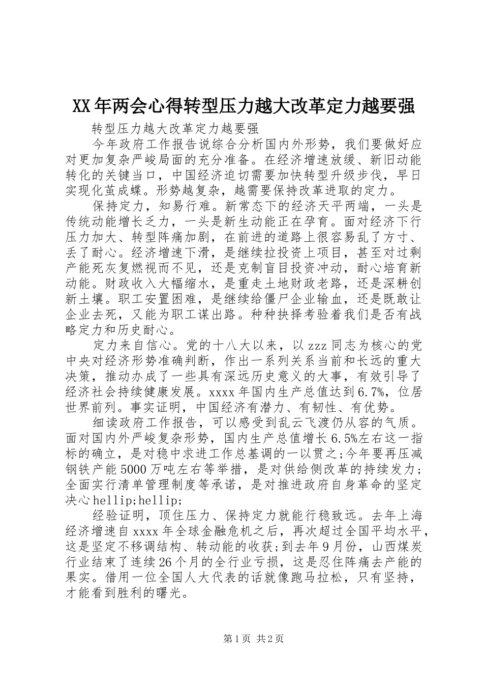 XX年两会心得转型压力越大改革定力越要强_第1页