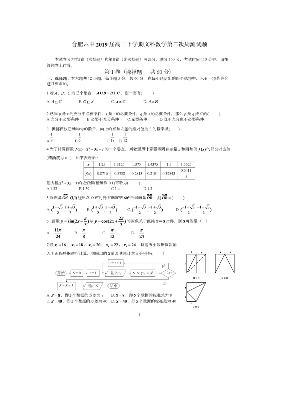 高三数学下学期第二次周练考试卷 文(扫描版)考试卷_第1页