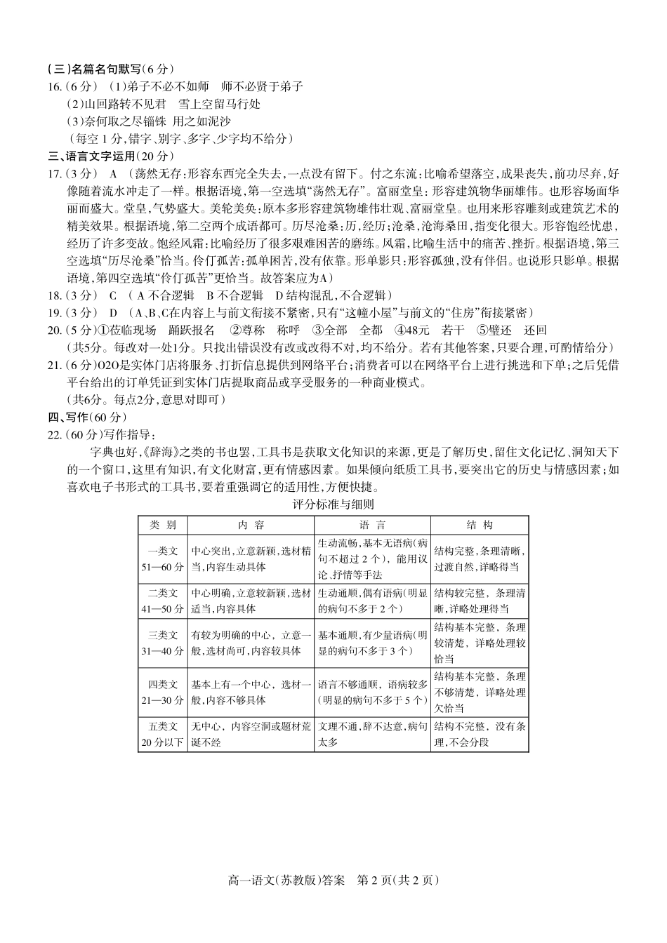高一语文上学期期末考试考试卷(扫描版)_第2页