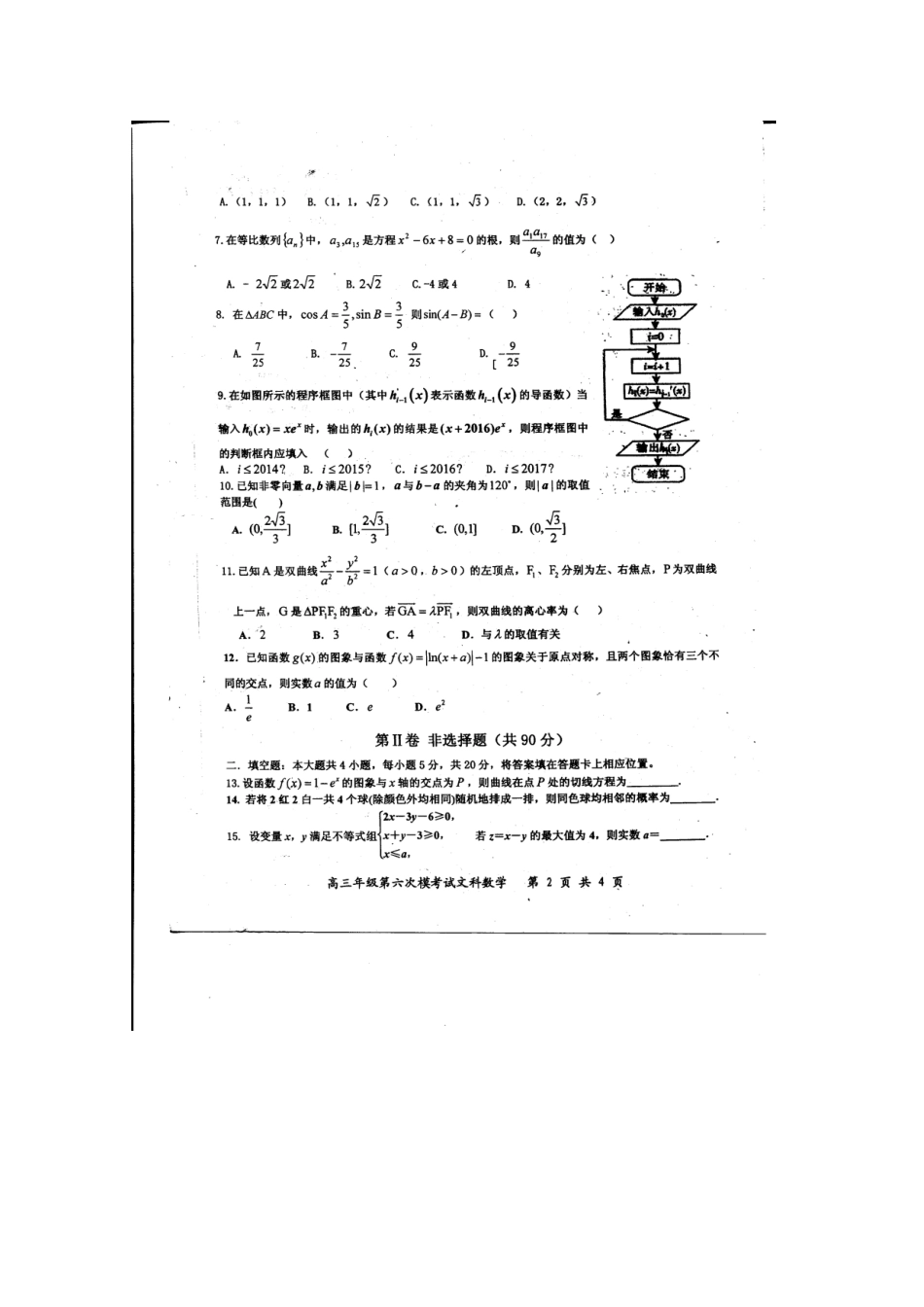 高三数学下学期第六次模拟考试考试卷 文(扫描版)考试卷_第2页