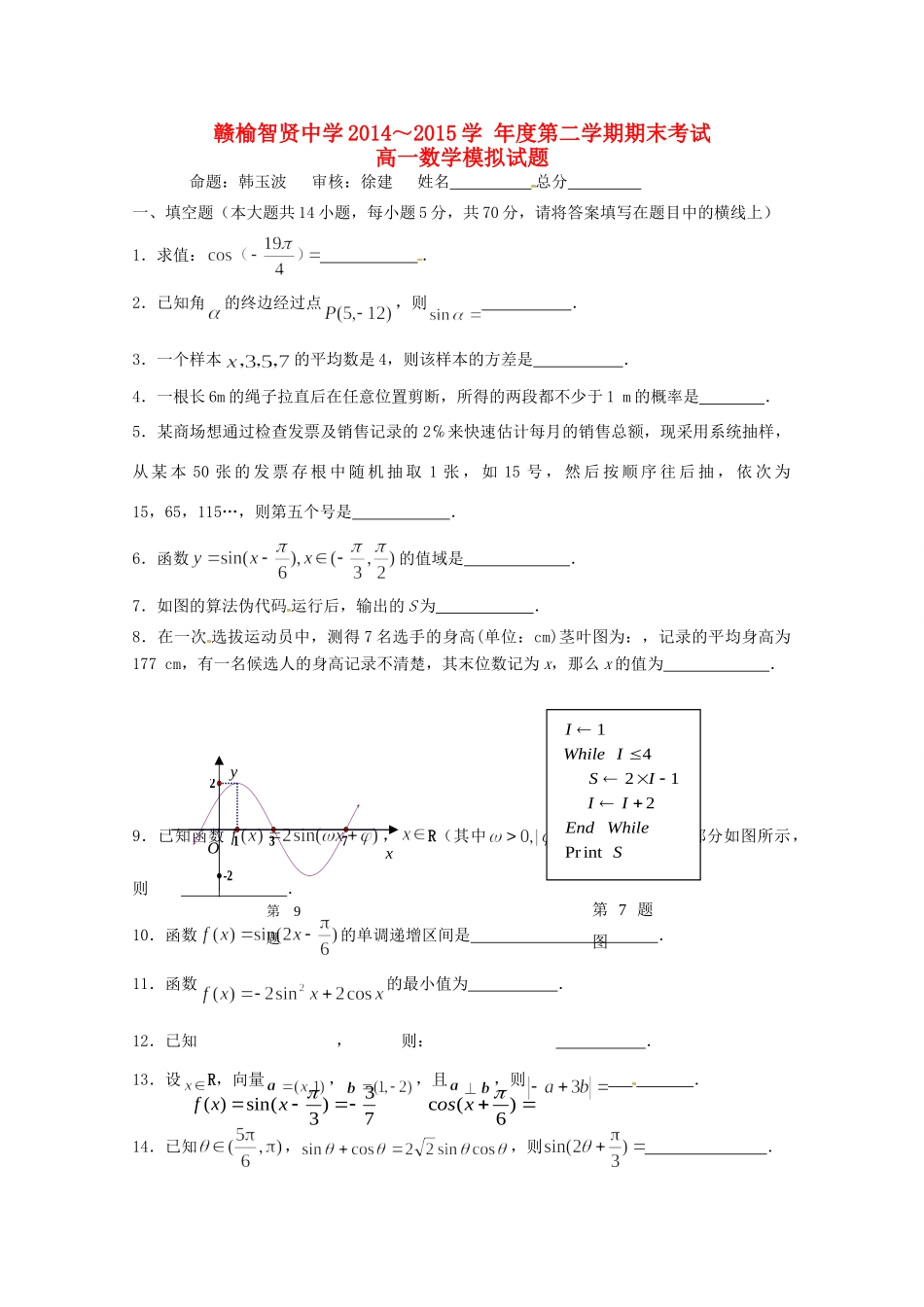 高一数学下学期期末考试考试卷9(无答案)苏教版考试卷_第1页