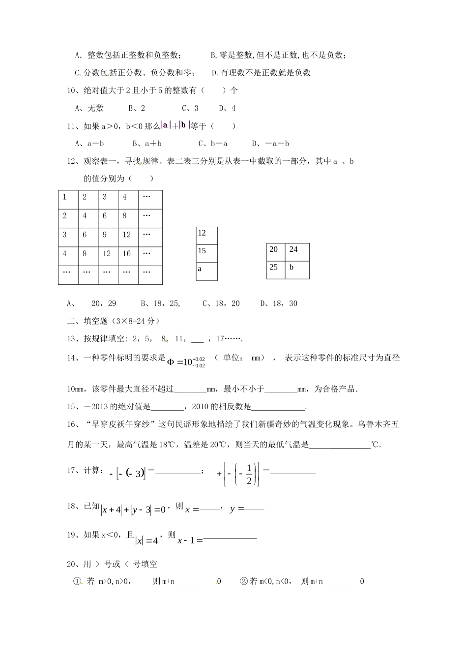 重庆市万州区赛德国际学校七年级数学上学期第一次月考考试卷(无答案) 新人教版考试卷_第2页