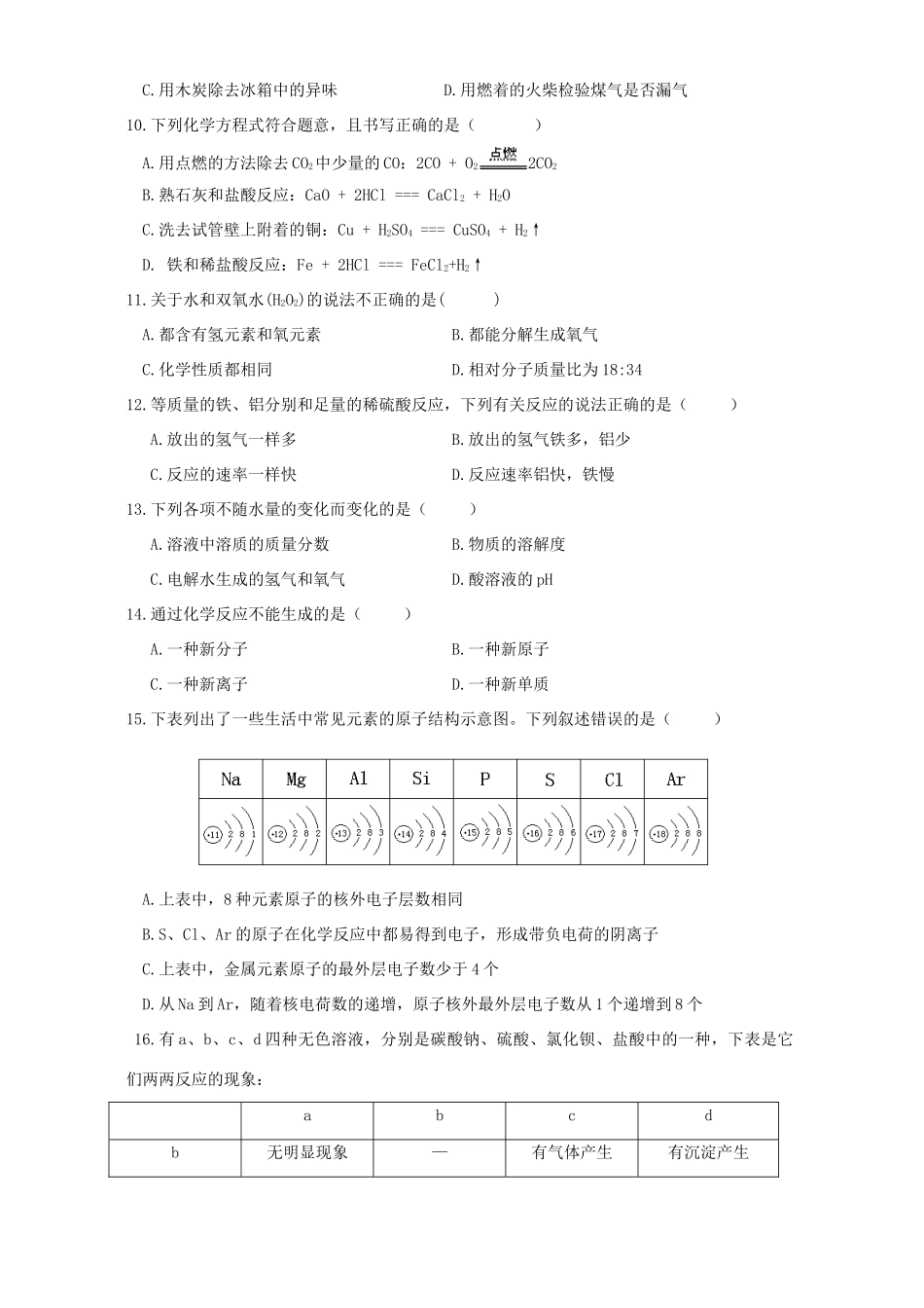 重庆市渝北区九年级初三化学教学质量第一次诊断性考试 新课标考试卷_第2页