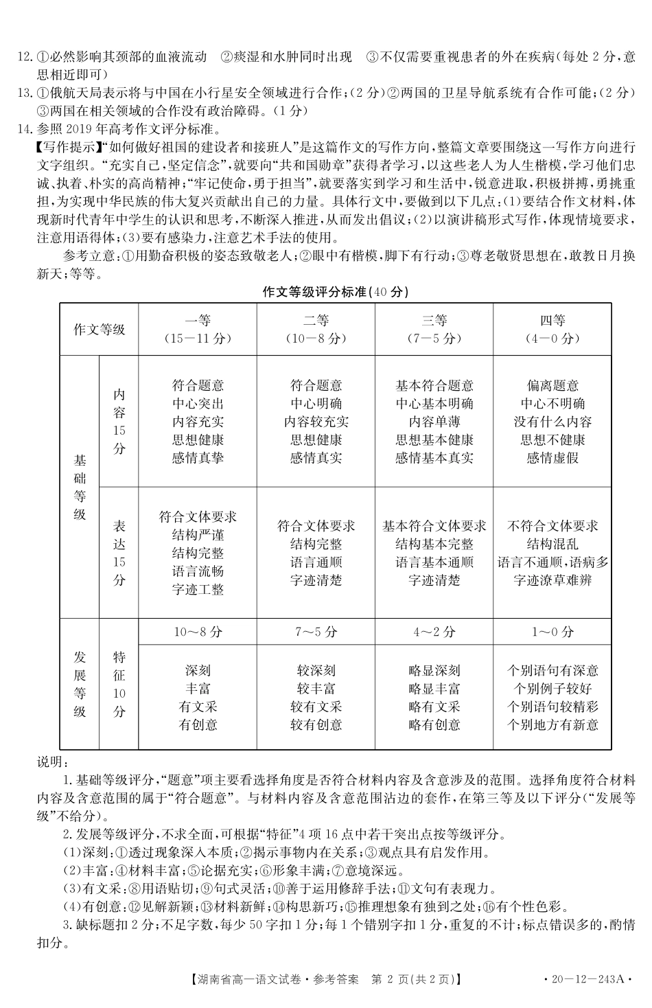 高一语文上学期期末考试考试卷答案(PDF) 湖南省高一语文上学期期末考试考试卷(扫描版)_第2页