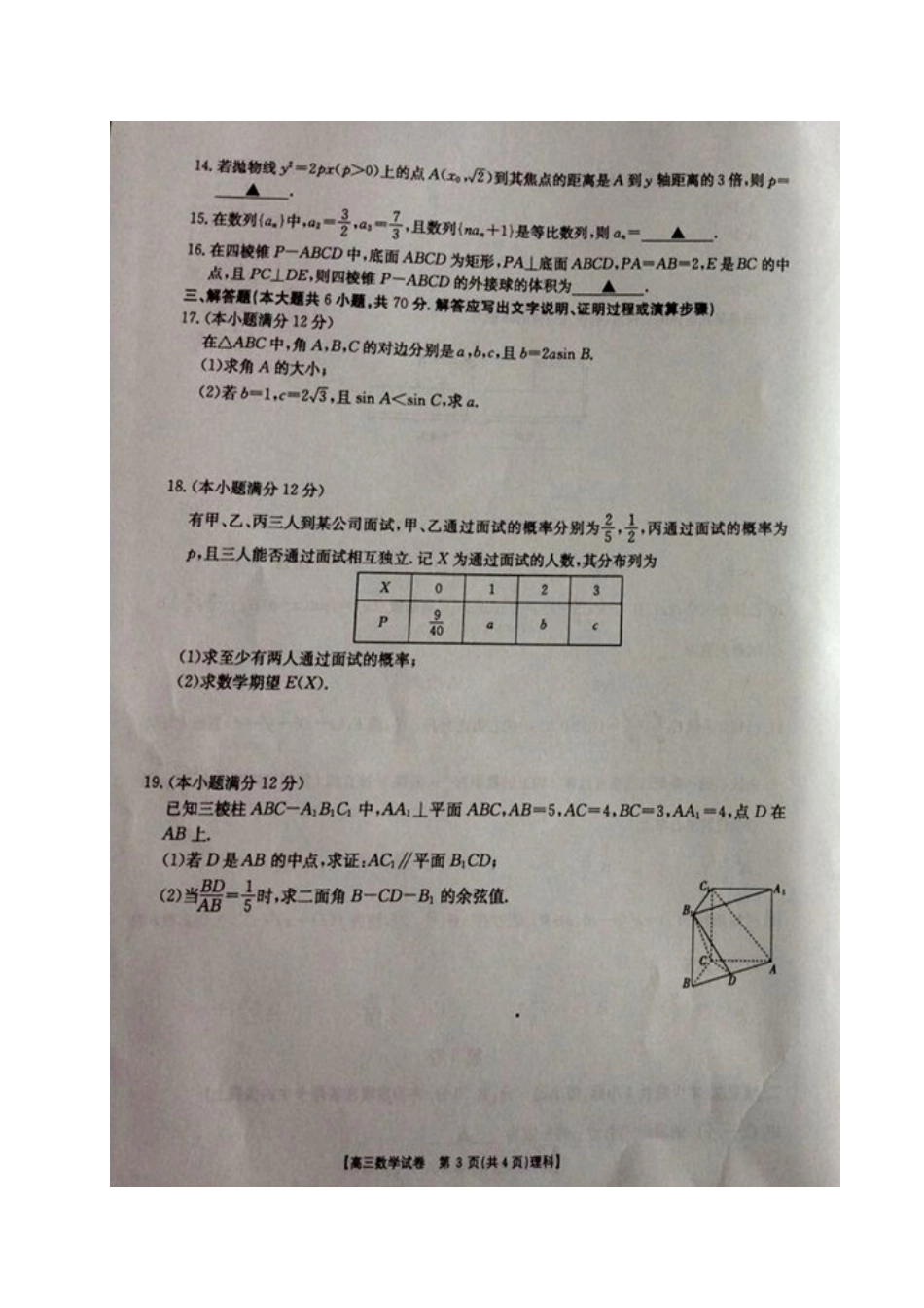 青海省西宁市湟中县高三数学上学期期末考试考试卷 理(扫描版，无答案)考试卷_第3页