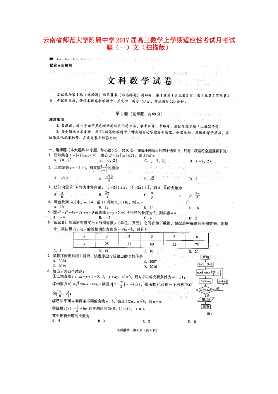 高三数学上学期适应性考试考试卷(一)文(扫描版)考试卷_第1页