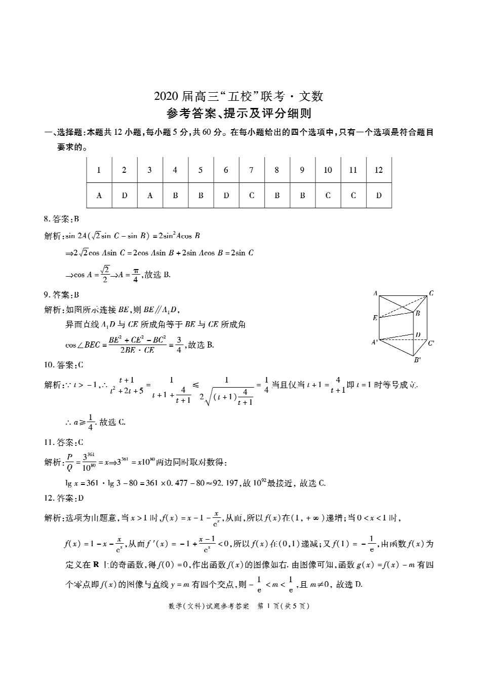 高三 五校 联考.文科数学答案 安徽省五校(怀远一中、蒙城一中、淮南一中、颍上一中、淮南一中、涡阳一中)届高三数学上学期联考考试卷 文(PDF) 安徽省五校(怀远一中、蒙城一中、淮南一中、颍上一中、淮南一中、涡阳一中)届高三数学上学期联考考试卷 文(PDF)_第1页