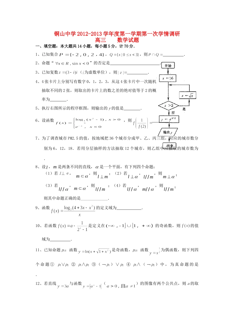 高三数学上学期第一次学情调研试卷(无答案)苏教版考试卷_第1页