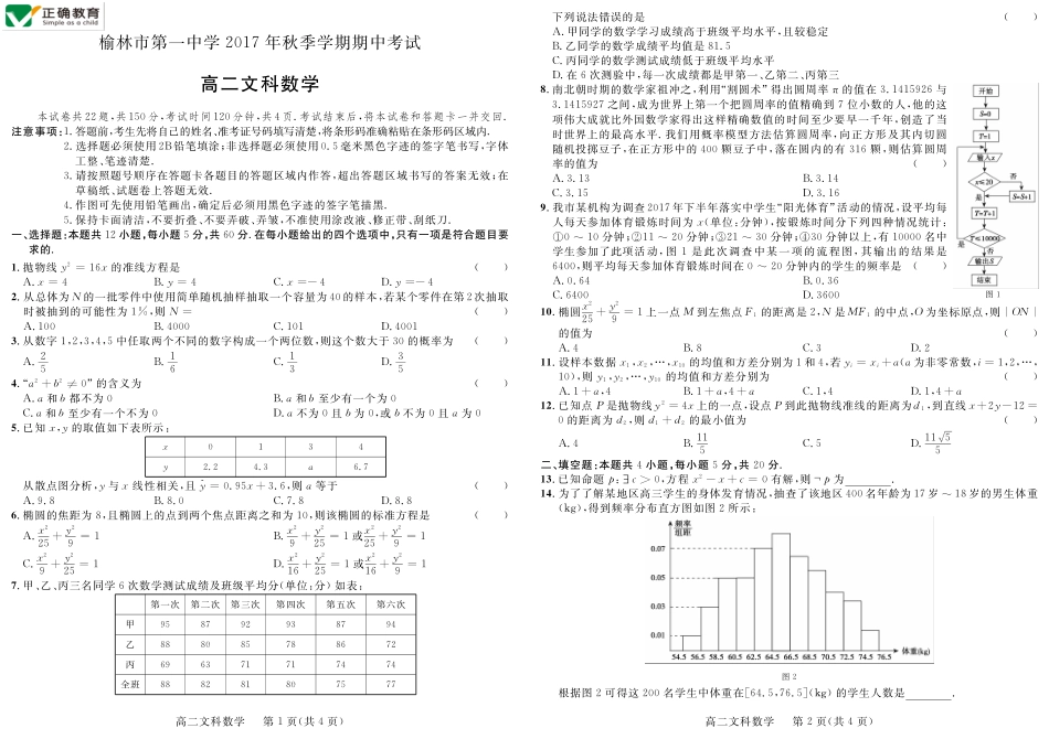 陕西省榆林市 高二数学上学期期中考试卷 文(PDF)考试卷_第1页