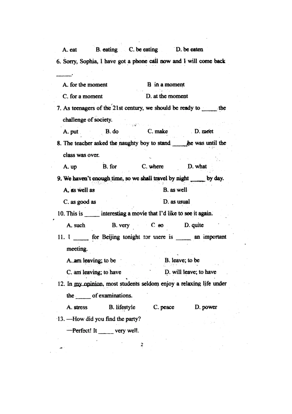 高一英语上学期第一次段考(扫描版)北师大版考试卷_第2页