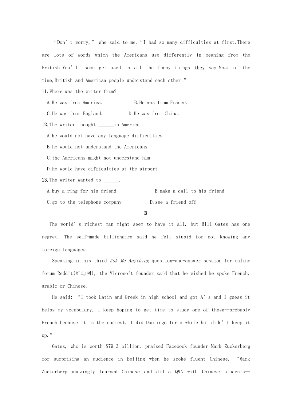 高一英语10月阶段性考试考试卷_第3页