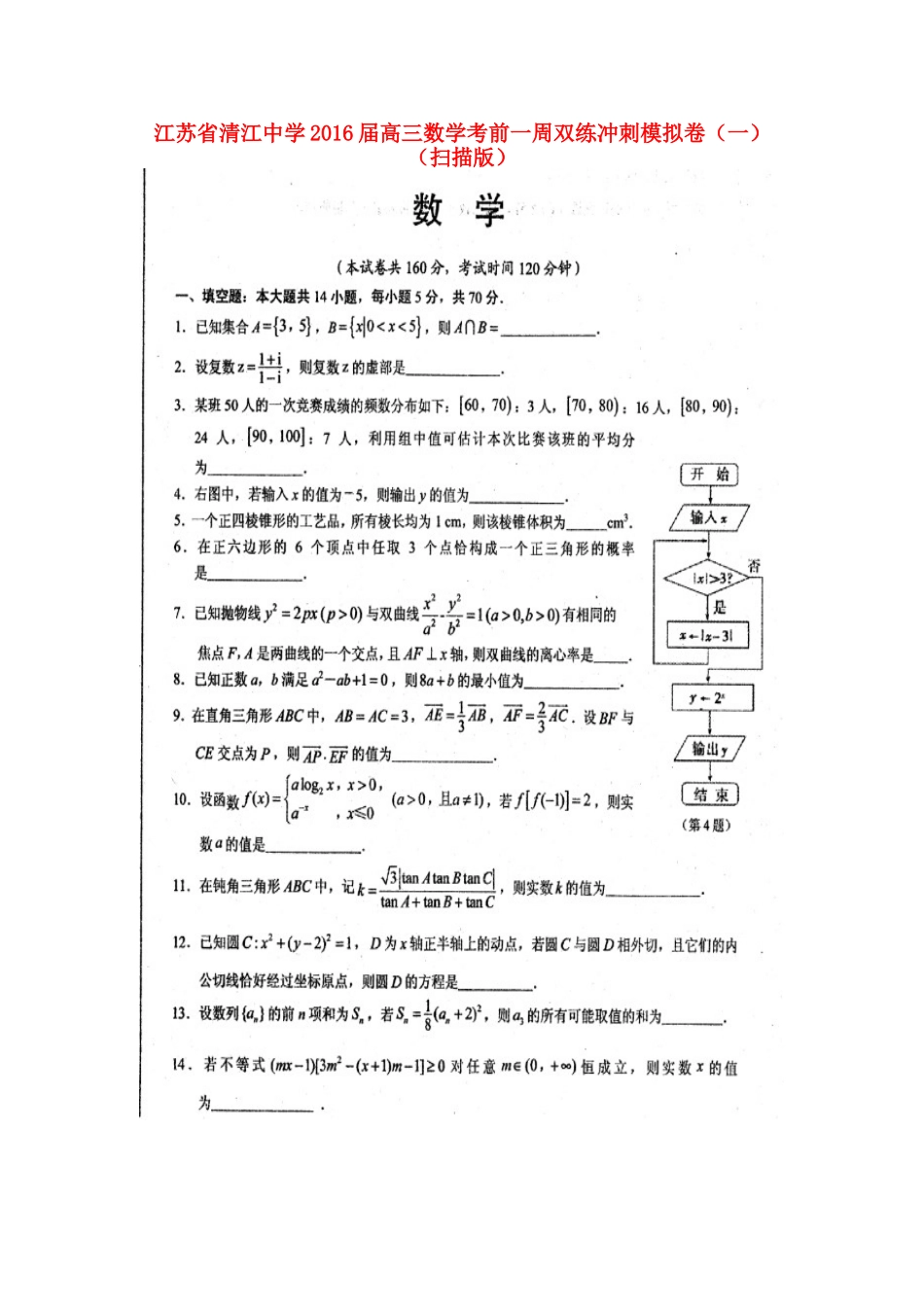 高三数学考前一周双练冲刺模拟卷(一)(扫描版)考试卷_第1页