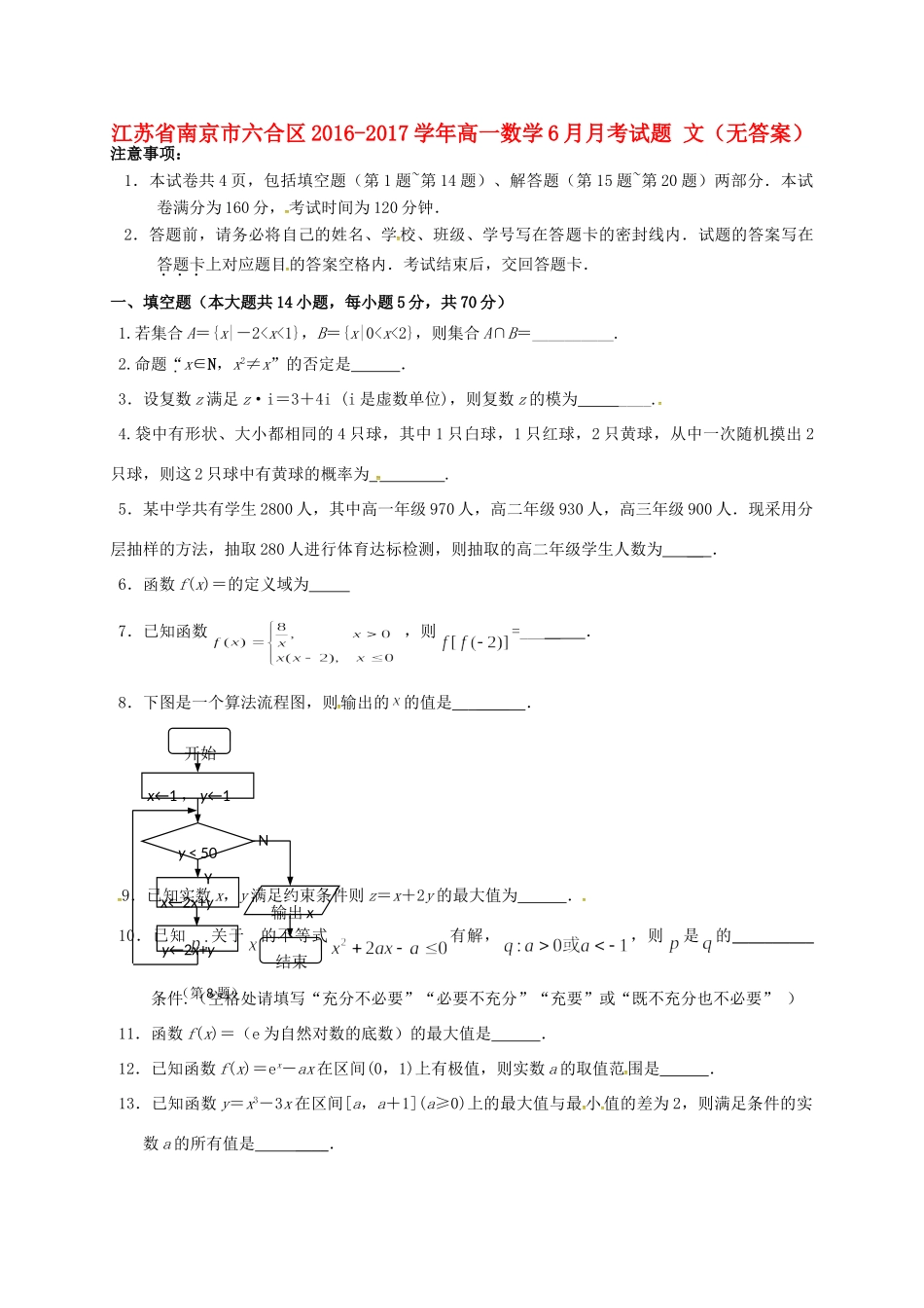 高一数学6月月考考试卷 文(无答案)考试卷_第1页