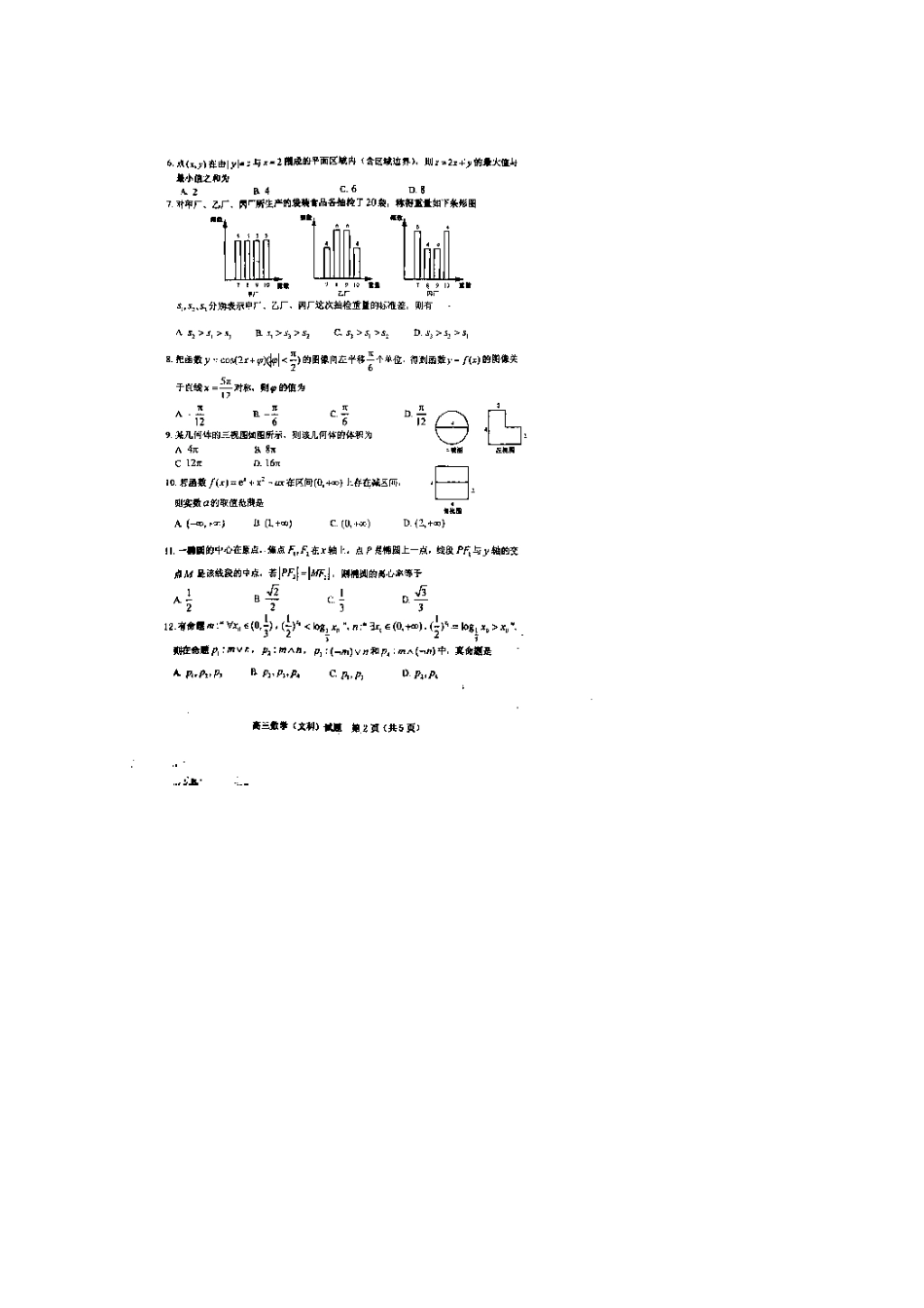 高三数学5月适应性测试考试卷 文(扫描版)考试卷_第2页