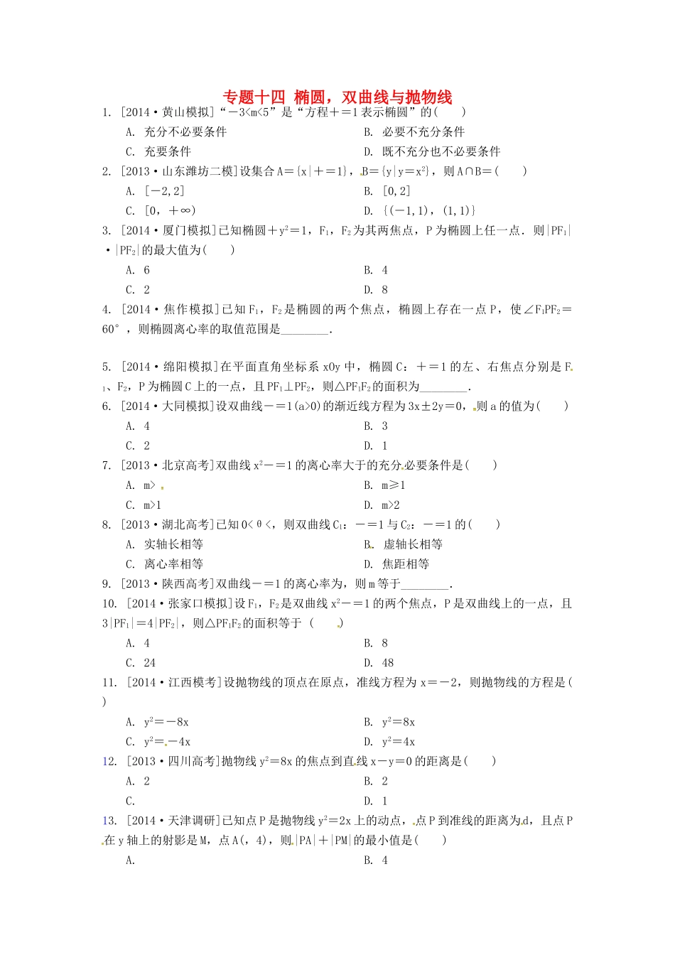 高三数学二轮复习汇编 专题十四 椭圆(无答案)考试卷_第1页