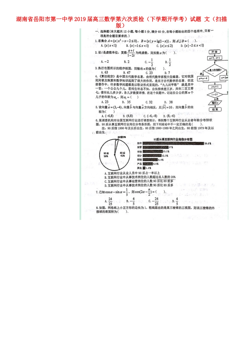 高三数学第六次质检(下学期开学考)考试卷 文(扫描版)考试卷_第1页