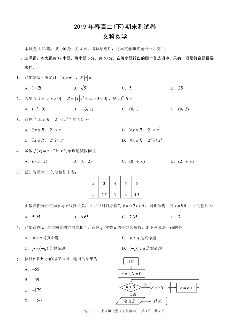 重庆市区县 高二数学下学期期末考试考试卷 文(PDF)考试卷_第1页