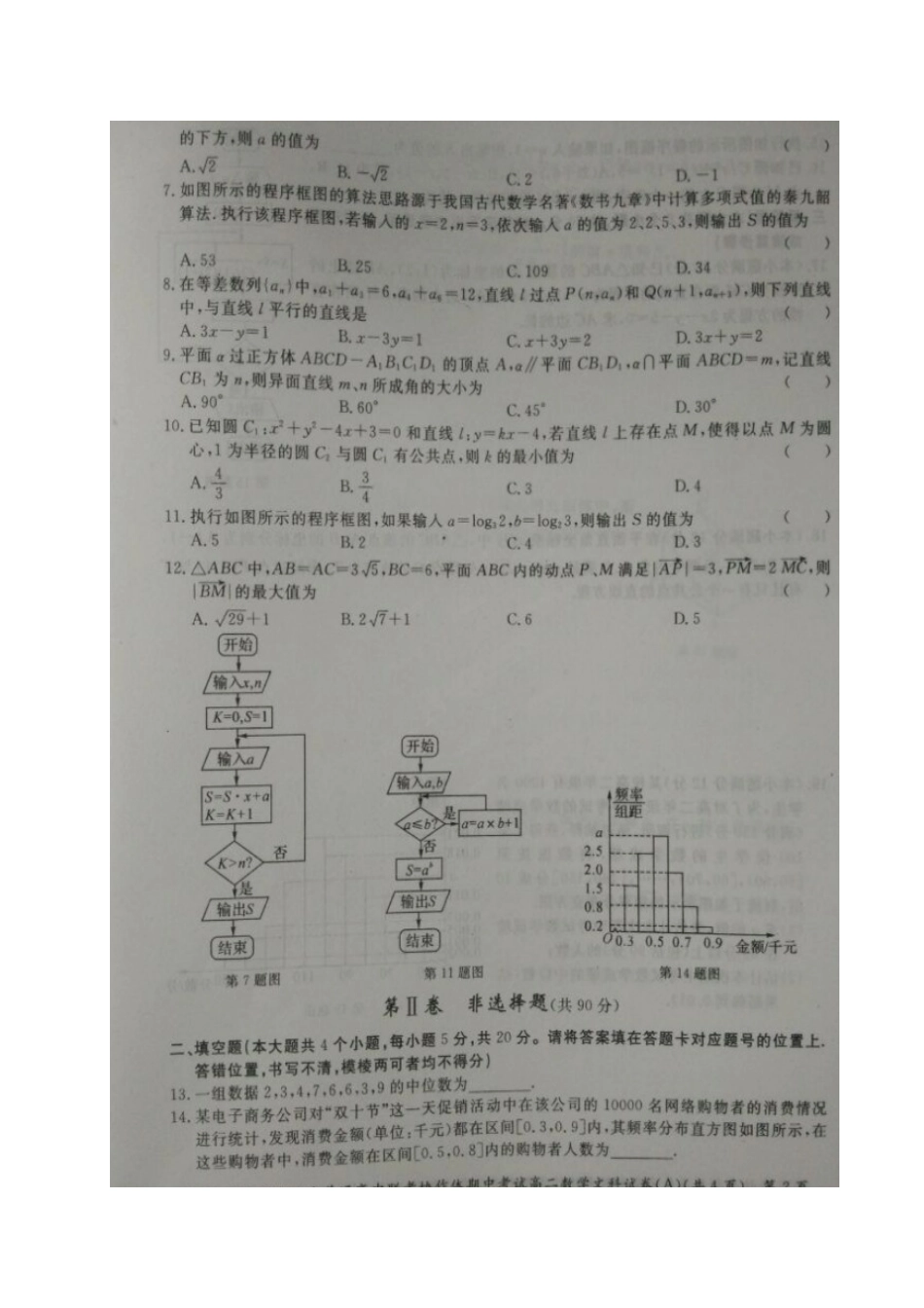 联考协作体 高二数学上学期期中考试卷 文(扫描版)考试卷_第2页