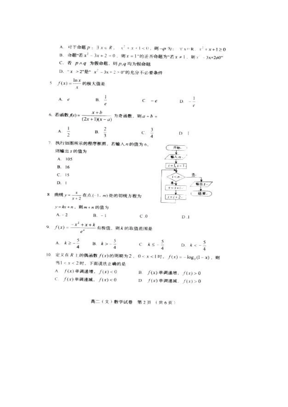 辽宁省葫芦岛市 高二数学下学期期末考试考试卷 文(扫描版)考试卷_第2页