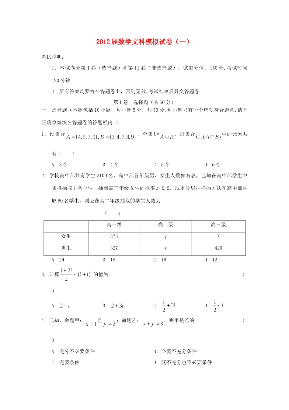 高三数学第一次模拟考试 文(无答案)考试卷_第1页