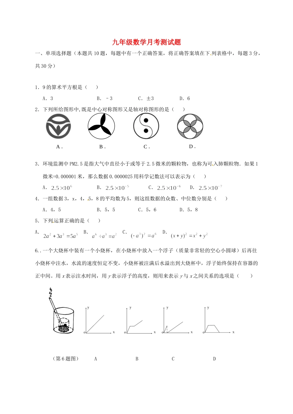 辽宁省辽阳县首山镇届九年级数学下学期第一次月考考试卷(无答案)考试卷_第1页