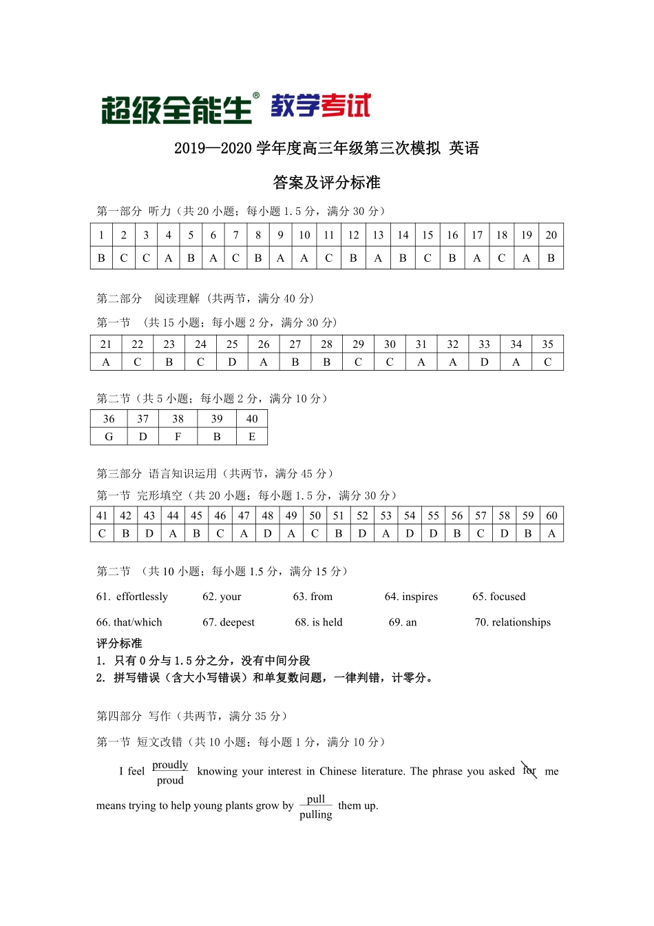 英语 评分标准 届高三英语第三次模拟考试考试卷(PDF，含听力) 届高三英语第三次模拟考试考试卷(PDF，含听力)_第1页