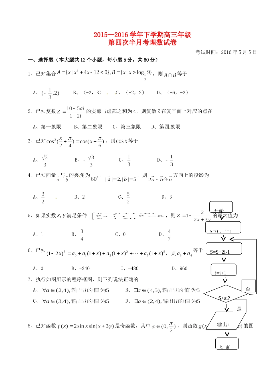 高三数学下学期第四次半月考(一模)考试卷 理(无答案)考试卷_第1页
